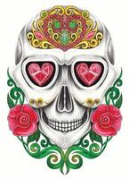 Heart eyed sugar skull with soses day of the dead design by hand drawing on paper and make graphic . vector