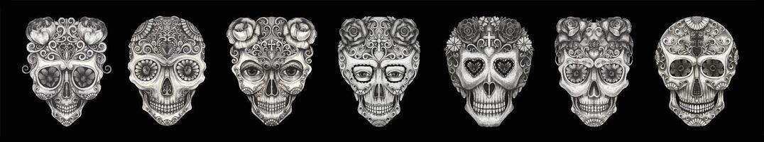 Skull celebration of life and death art banner pattern for day of the dead hand drawing and make graphic . vector