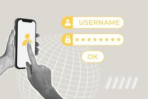 Modern halftone collage. Concept of login and password for secure internet access, business success, data protection, cybersecurity. Modern business collage for design vector