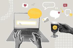 Modern halftone collage. Workspace concept with coffee and laptop, speech bubbles,concept of employee participation, interaction to get solution. Trendy pop art illustration with halftone elements. vector