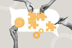 Contemporary halftone collage. Concept of solving a problem, suggesting an idea, suggesting a missing piece to solve a problem, counseling. Hand suggesting a missing piece to complete the puzzle vector