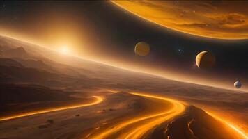 The wonders of an exoplanet with a mesmerizing desert landscape, featuring a luminous road under a sky adorned with multiple planets and a glowing sun. video