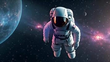 A lone astronaut explores the vastness of space, surrounded by a breathtaking panorama of stars, planets, and galaxies. video