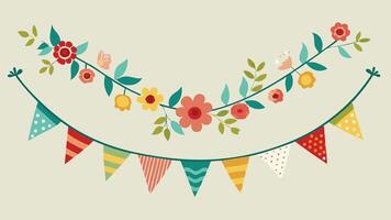 Decorative floral bunting with colorful patterns and vibrant flowers arranged symmetrically against a light background, ideal for festive occasions or celebrations vector