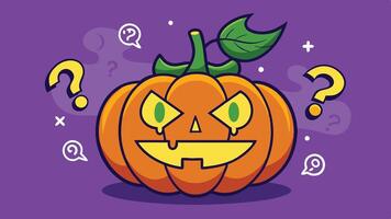 A mischievous pumpkin with eerie eyes and sharp teeth, sitting against a vibrant purple background decorated with question marks, symbolizing Halloween mystery and fun vector