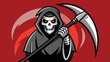 A stylized illustration of a grim reaper figure holding a scythe against a red background, embodying themes of death and the afterlife with a bold, graphic design vector