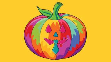 A colorful pumpkin with a whimsical design featuring a face, bow tie, and vivid rainbow colors set against a bright yellow background vector