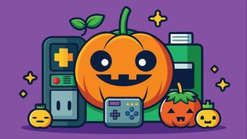 A colorful cartoon pumpkin with a gaming controller, showcasing a playful Halloween theme, featuring cheerful facial expressions and vibrant decorations in purple background vector