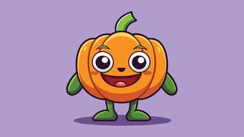 A cheerful cartoon pumpkin character stands with arms outstretched surrounded by autumn leaves, showcasing a playful and friendly autumn theme vector