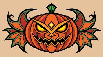 A smiling pumpkin with sharp features and intricate designs, set against a vibrant orange background, captures the spirit of Halloween celebrations and autumn festivities vector