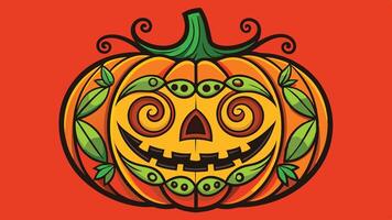 An intricately designed Halloween pumpkin with a mischievous expression surrounded by decorative swirls and floral elements, showcasing the spirit of autumn celebrations vector