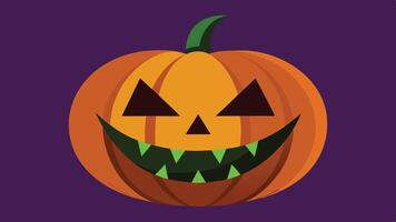 A playful Halloween pumpkin with a mischievous grin and sharp teeth set against a vibrant purple background celebrating festive autumn decorations vector