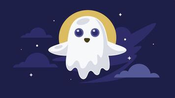 A cheerful, cartoon ghost floating in a twilight sky with soft clouds and a magical aura, embodying a friendly spirit in an enchanting landscape vector