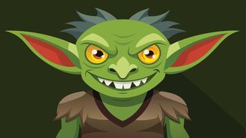 A mischievous green goblin character with bright orange eyes and spiky hair, dressed in a brown tunic, posed against a dark background, showcasing a playful and intriguing expression vector