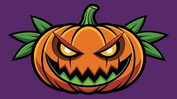 A mischievous jack o' lantern with a green witch's hat and sharp features against a purple background, perfect for celebrating Halloween festivities and decorations vector