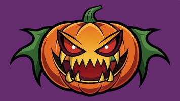 A menacing and mischievous jack-o -lantern with sharp teeth and glowing eyes set against a purple background, symbolizing Halloween festivities and spooky celebrations during October nights vector