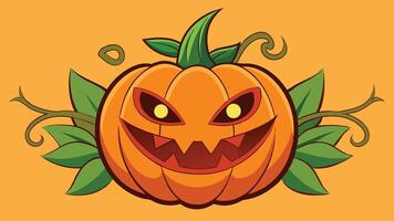 A whimsical carved pumpkin with sharp features and glowing eyes, set against a vibrant orange background, capturing the essence of Halloween festivities and autumn celebrations vector