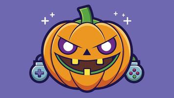 A cheerful pumpkin character holding two potions, surrounded by a bright green background, captures a festive autumn spirit with playful elements and vibrant colors vector