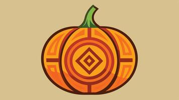Colorful pumpkin design featuring an intricate green labyrinth pattern carved into its surface, set against a vibrant yellow background vector