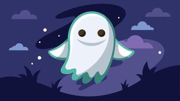 A cheerful, cartoon ghost floating in a twilight sky with soft clouds and a magical aura, embodying a friendly spirit in an enchanting landscape vector
