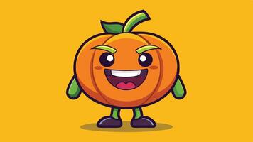 A playful cartoon pumpkin character with a mischievous grin and exaggerated features, showcasing vibrant colors against a bright green background during autumn festivities vector