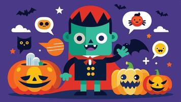 A cheerful cartoon vampire character surrounded by pumpkins, bats, and spooky creatures celebrating Halloween in a colorful setting with star decorations vector