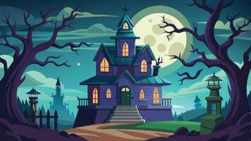 A spooky haunted house illuminated by moonlight with a flying bat in a mystical landscape during twilight vector