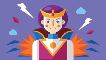A colorful character wearing a crown and a cape stands against a purple backdrop with lightning bolts and clouds while displaying a serious expression vector