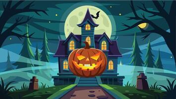 A spooky haunted house illuminated by a full moon with a carved pumpkin in front, surrounded by eerie trees and gravestones at night during Halloween vector