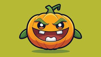 A playful cartoon pumpkin character with a mischievous grin and exaggerated features, showcasing vibrant colors against a bright green background during autumn festivities vector