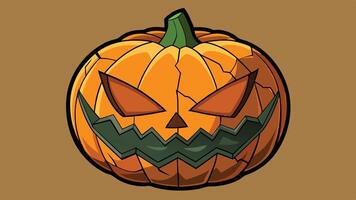 A spooky carved pumpkin with a mischievous expression and a twisted stem, set against a warm brown background during the Halloween season vector