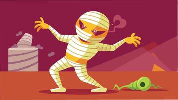A playful cartoon mummy dances joyfully in a colorful landscape with trees and mountains during a bright sunset vector