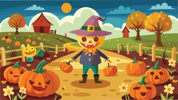 A cheerful scarecrow stands amidst a pumpkin patch on a colorful autumn day, with bright trees and a farmhouse in the background vector