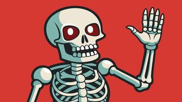 A cheerful cartoon skeleton waves hello against a bright red background, showcasing a playful and whimsical illustration that captures the spirit of fun and creativity vector