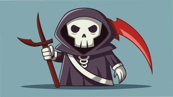 A menacing figure clad in a dark cloak holds a scythe, with glowing red eyes and a skull face, set against a dark red background, embodying themes of mystery and the macabre vector