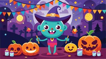 A playful character celebrates Halloween in a festive setting filled with carved pumpkins and colorful decorations during the evening with a spooky backdrop vector