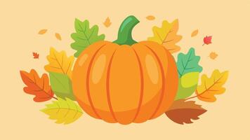 A vibrant orange pumpkin surrounded by colorful autumn leaves and berries, symbolizing the harvest season and the beauty of fall in a warm, inviting display vector