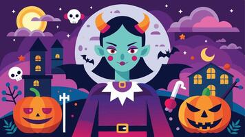 A playful character dressed as a vampire in a festive Halloween setting with pumpkins, bats, and spooky decorations during nighttime vector