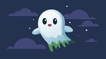 A cheerful, cartoon ghost floating in a twilight sky with soft clouds and a magical aura, embodying a friendly spirit in an enchanting landscape vector
