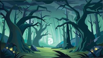 A mystical forest shrouded in fog with twisted trees and glowing rocks creates a mysterious atmosphere during twilight vector