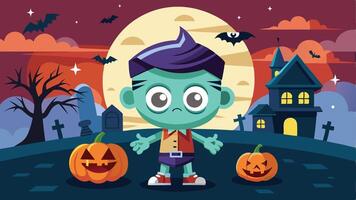 A cheerful cartoon character dressed for Halloween stands on a spooky path with a carved pumpkin and a haunted house under a full moon and bats in the background vector
