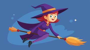 A cheerful witch flying on a broomstick against a full moon, surrounded by whimsical clouds, capturing the spirit of Halloween at dusk vector