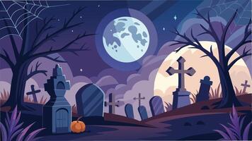 A spooky graveyard scene under a full moon with tombstones, bare trees, and a pumpkin, creating a chilling atmosphere perfect for Halloween vector
