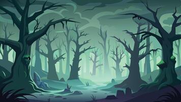 Eerie forest landscape with twisted trees and mysterious glowing eyes during twilight hours creating an atmospheric setting of intrigue and suspense vector