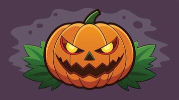 A mischievous jack o' lantern with a green witch's hat and sharp features against a purple background, perfect for celebrating Halloween festivities and decorations vector