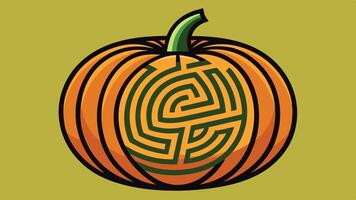 Colorful pumpkin design featuring an intricate green labyrinth pattern carved into its surface, set against a vibrant yellow background vector