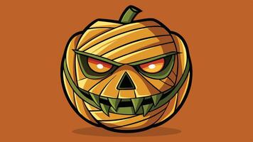 A playful cartoon-style pumpkin with a mischievous expression, wrapped in bandages, set against an orange background, capturing the essence of Halloween festivities vector