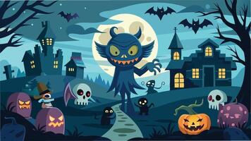 A colorful Halloween themed illustration featuring various spooky characters, pumpkins, and haunted scenery at night under a full moon vector