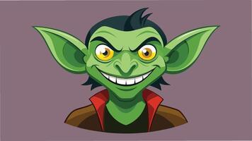 A mischievous green goblin character with pointed ears and a wide grin wearing a red collar, set against a beige background, captures a playful fantasy theme suitable for illustration vector