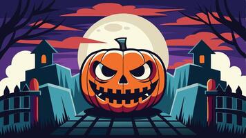 A spooky Halloween night featuring a menacing pumpkin in front of a haunted house and a blood red moon illuminating the eerie atmosphere with dark trees in the background vector